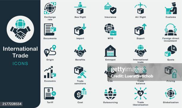 internationaler handel solide icons sammlung. einschließlich globalisierung, geschäft, outsourcing, zoll, import, export, kosten, transpotation, zoll, flug, seeflug, dokumente, versicherung, wto - tariff icon stock-grafiken, -clipart, -cartoons und -symbole