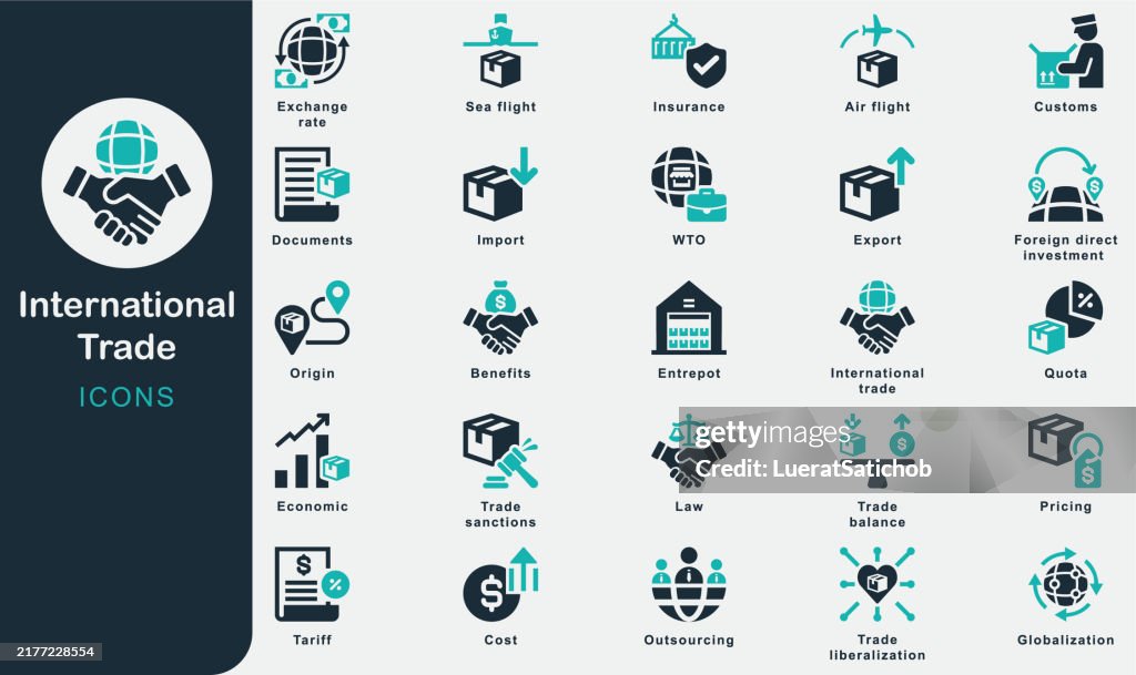 International Trade solid icons collection.Containing Globalization, Business, Outsourcing, Tariff, Import, Export, Cost, Transpotation, Customs, Air flight, Sea flight, Documents, Insurance, WTO