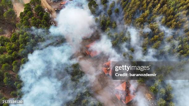 el humo de los incendios forestales que envuelven casas en el bosque - incendio forestal fotografías e imágenes de stock