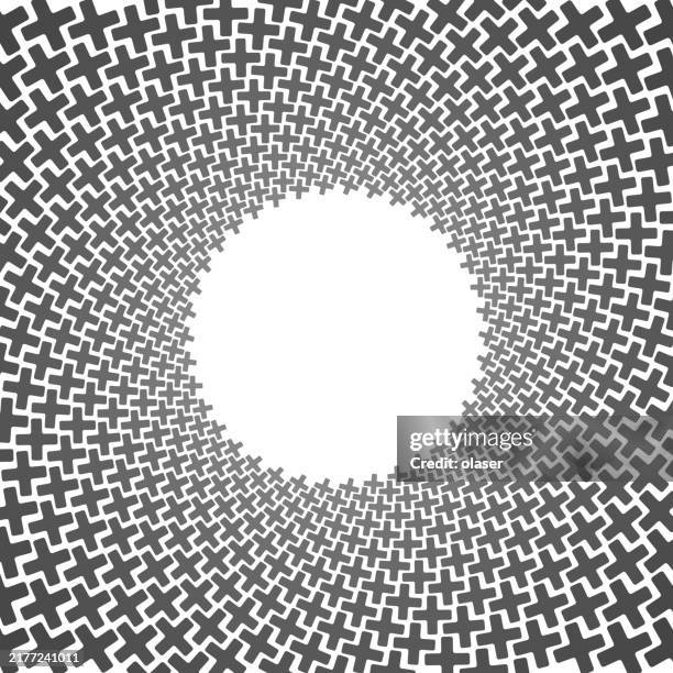 copy space and full frame circular pattern made of fitted plus shapes, radial size gradient - light installation stock illustrations