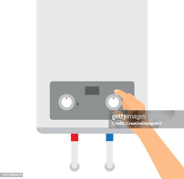 close-up of hand adjusting the temperature of boiler - adjusting stock illustrations