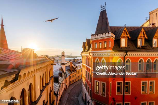 historic buildings rooftops in sodermalm district at sunrise, stockholm, sweden - stoccolma foto e immagini stock