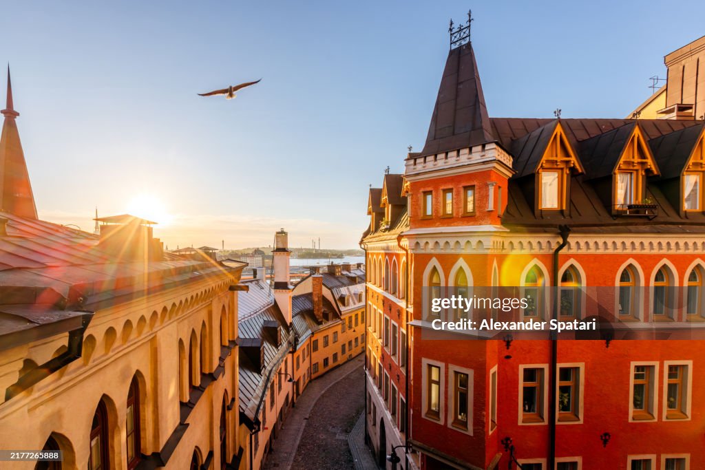 Historic buildings rooftops in Sodermalm district at sunrise, Stockholm, Sweden