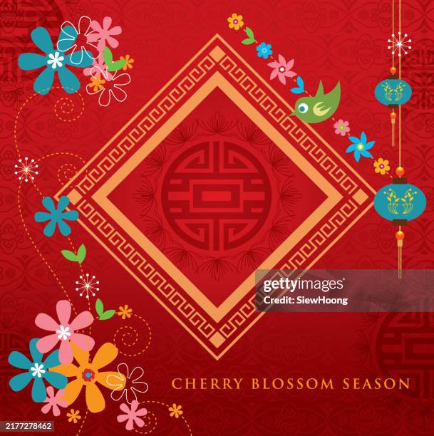 cherry blossoms banner - chinese paper lanterns stock illustrations