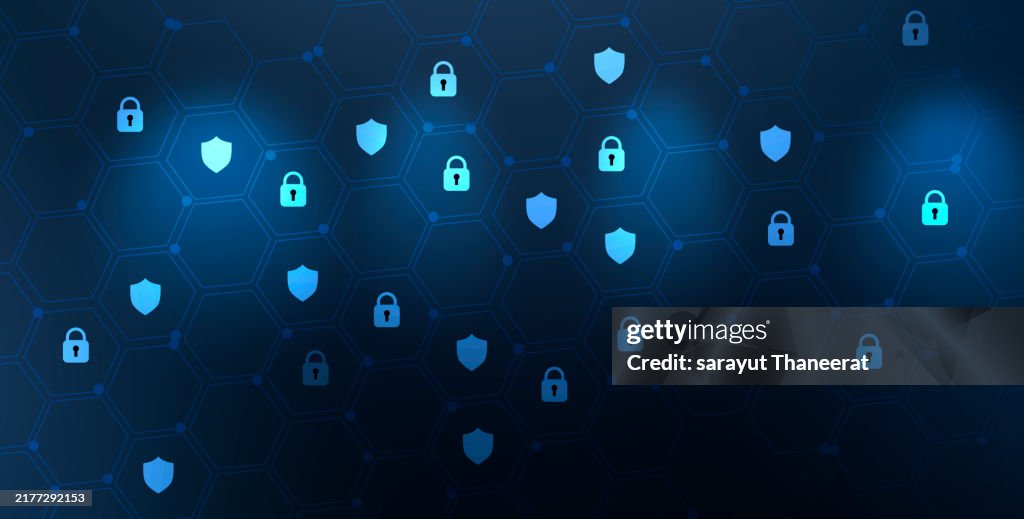 Shield with key inside on blue background The concept of cybersecurity the Internet