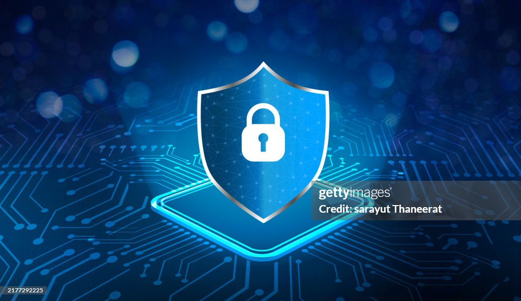 Shield with key inside on blue background The concept of cybersecurity the Internet protection system