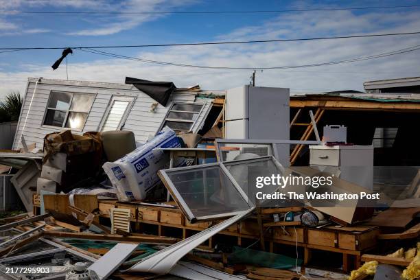 Debris of a mobile home after Hurricane Milton's landfall on October 10 in Sarasota, Florida.