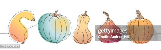 autumn pumpkins continuous line drawing with editable stroke and color elements - yellow squash stock illustrations