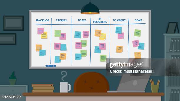 illustrazioni stock, clip art, cartoni animati e icone di tendenza di vista dell'ufficio con lavagna bianca e note adesive colorate su di essa - clip art