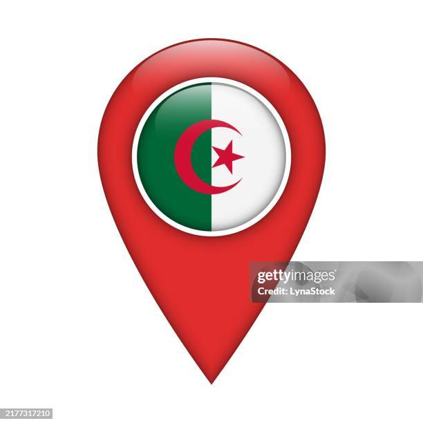 pinpoint vector icon with algeria national flag isolated on white background. map pointer symbol for website, gps navigator, apps. illustration in flat design. location marker. geolocation mark on the map. - algeria stock illustrations