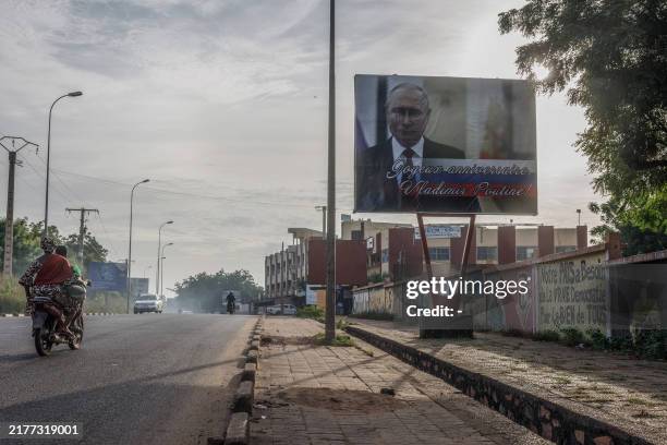 General view of a billboard carrying birthday wishes to Russian President Vladimir Putin in Bamako on October 12, 2024.