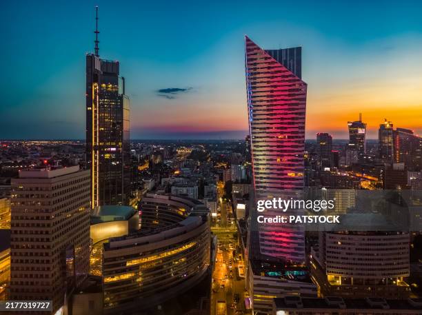 elevated view of warsaw at dusk. - warsaw stock pictures, royalty-free photos & images