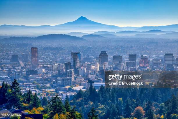 portland oregon skyline with mt. hood - portland oregon stock pictures, royalty-free photos & images
