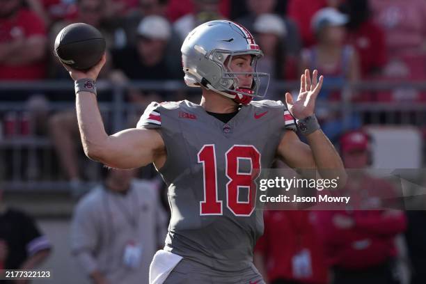 Quarterback Will Howard of the Ohio State Buckeyes seen in action during the game against the Iowa Hawkeyes at Ohio Stadium on October 05, 2024 in...