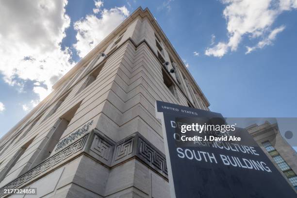 Sign marks the south building of the U.S. Department of Agriculture on October 7 in Washington, DC.