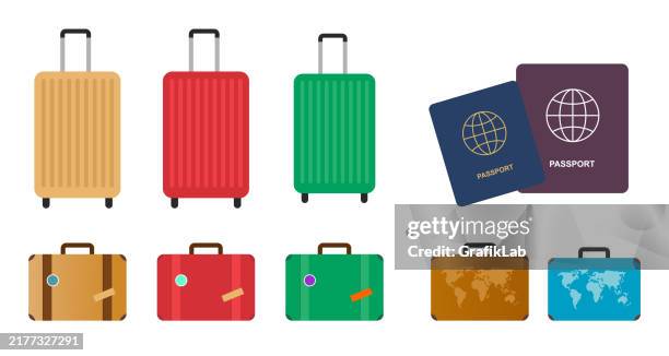 illustrazioni stock, clip art, cartoni animati e icone di tendenza di icone colorate per bagagli e passaporti per la preparazione del viaggio - valigia