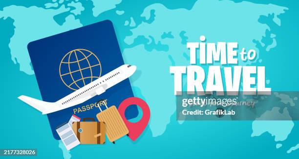 reisezeit vektor hintergrunddesign zeit zum reisen mit reisepass reiseelemente - besuchen stock-grafiken, -clipart, -cartoons und -symbole
