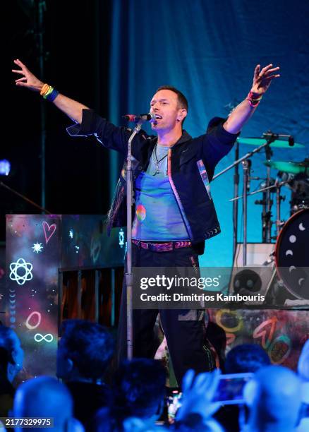 Chris Martin of Coldplay performs onstage at 'SiriusXM presents Coldplay live in Brooklyn' at Music Hall of Williamsburg on October 07, 2024 in New...