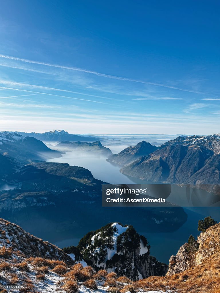 Aerial view of mountains and lake, Swiss Alps