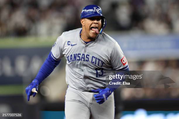 Salvador Perez of the Kansas City Royals celebrates after hitting a solo home run in the fourth inning against the New York Yankees during Game Two...
