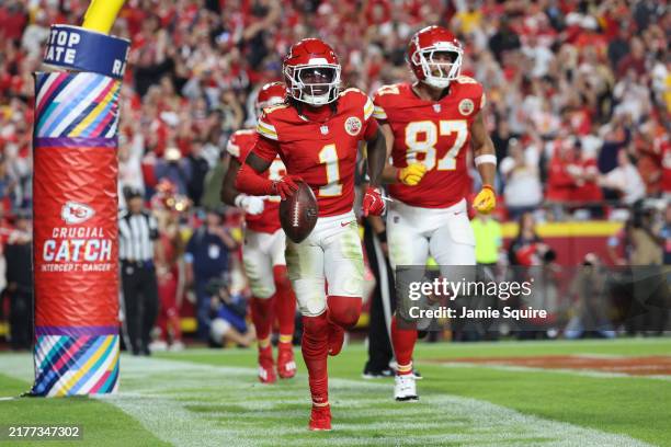 Xavier Worthy of the Kansas City Chiefs celebrates after scoring a touchdown during the fourth quarter against the New Orleans Saints at GEHA Field...