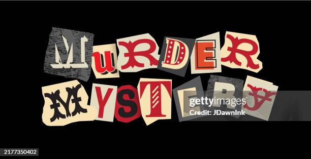 ilustraciones, imágenes clip art, dibujos animados e iconos de stock de plantilla de diseño de banner web de tipografía murder mystery con texto de collage estilo ransom - ransomware