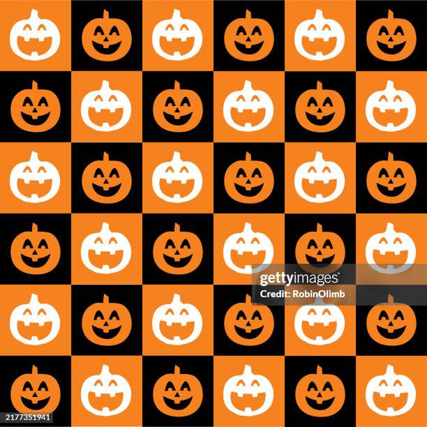 cute orange & white pumpkins checkerboard seamless pattern - pumpkin face vector stock illustrations