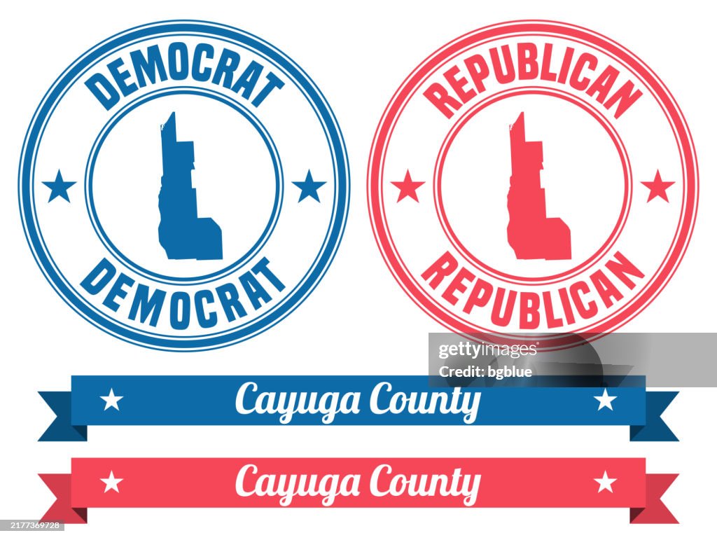 Cayuga County, New York. Map on rubber stamp with banner