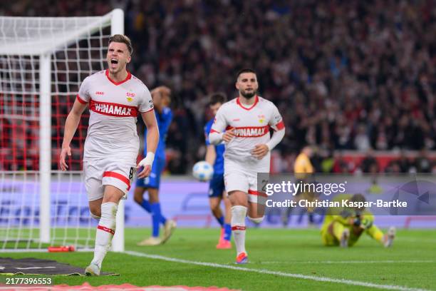Ermedin Demirovic of VfB Stuttgart celebrates after scoring his team’s first goal during the Bundesliga match between VfB Stuttgart and TSG 1899...