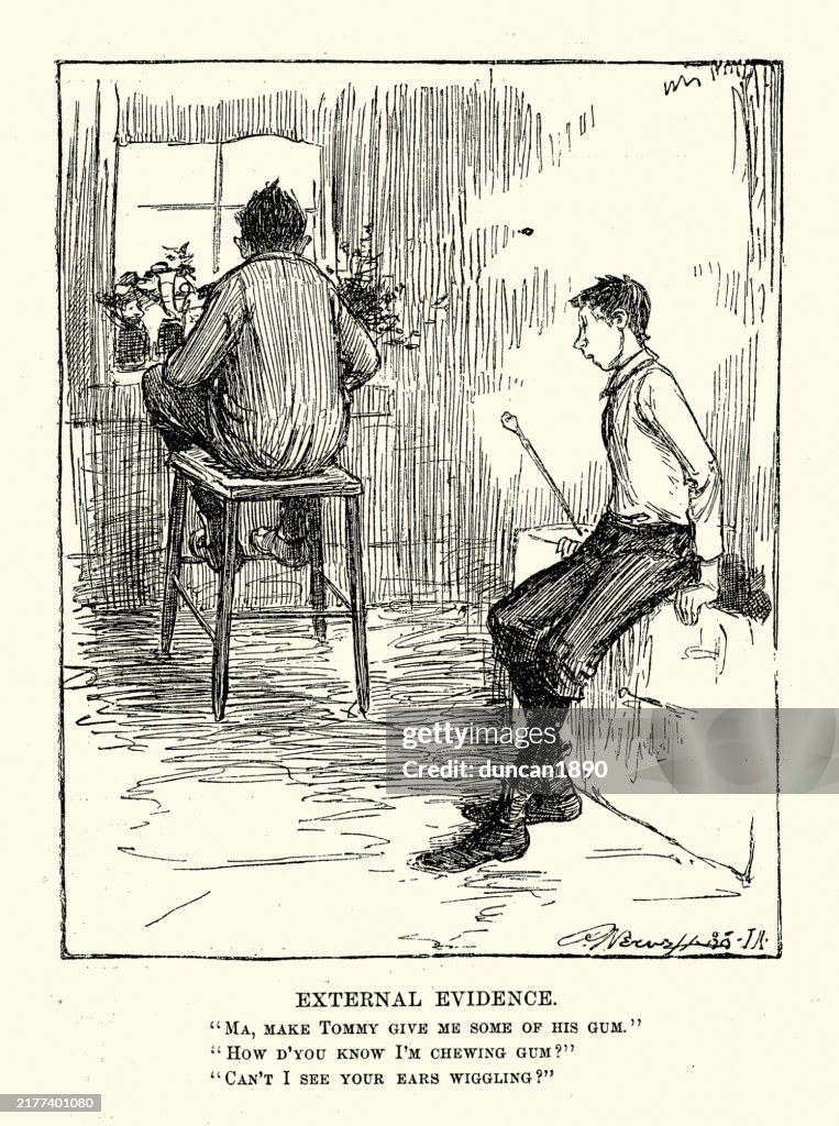 Cartoon, Boy asking his friend for some chewing gum, External evidence, Victorian, 1880s, Vintage illustration