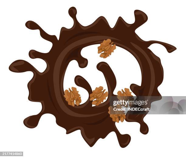walnut with chocolate splash - walnut shell stock illustrations
