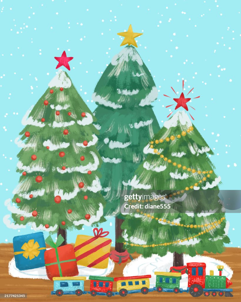 Christmas Tree With Gifts And Toy Train