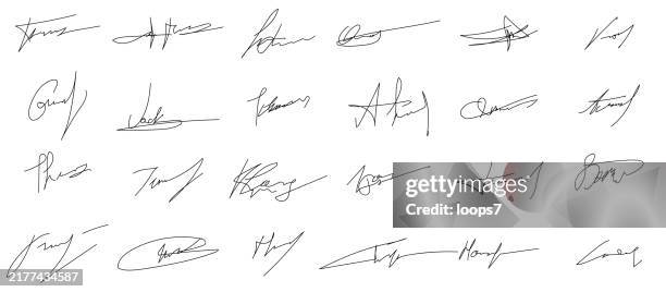ilustraciones, imágenes clip art, dibujos animados e iconos de stock de conjunto de firmas manuscritas - firmar