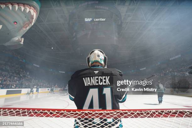 Vitek Vanecek of the San Jose Sharks takes the ice before the game against the Anaheim Ducks at SAP Center on October 12, 2024 in San Jose,...