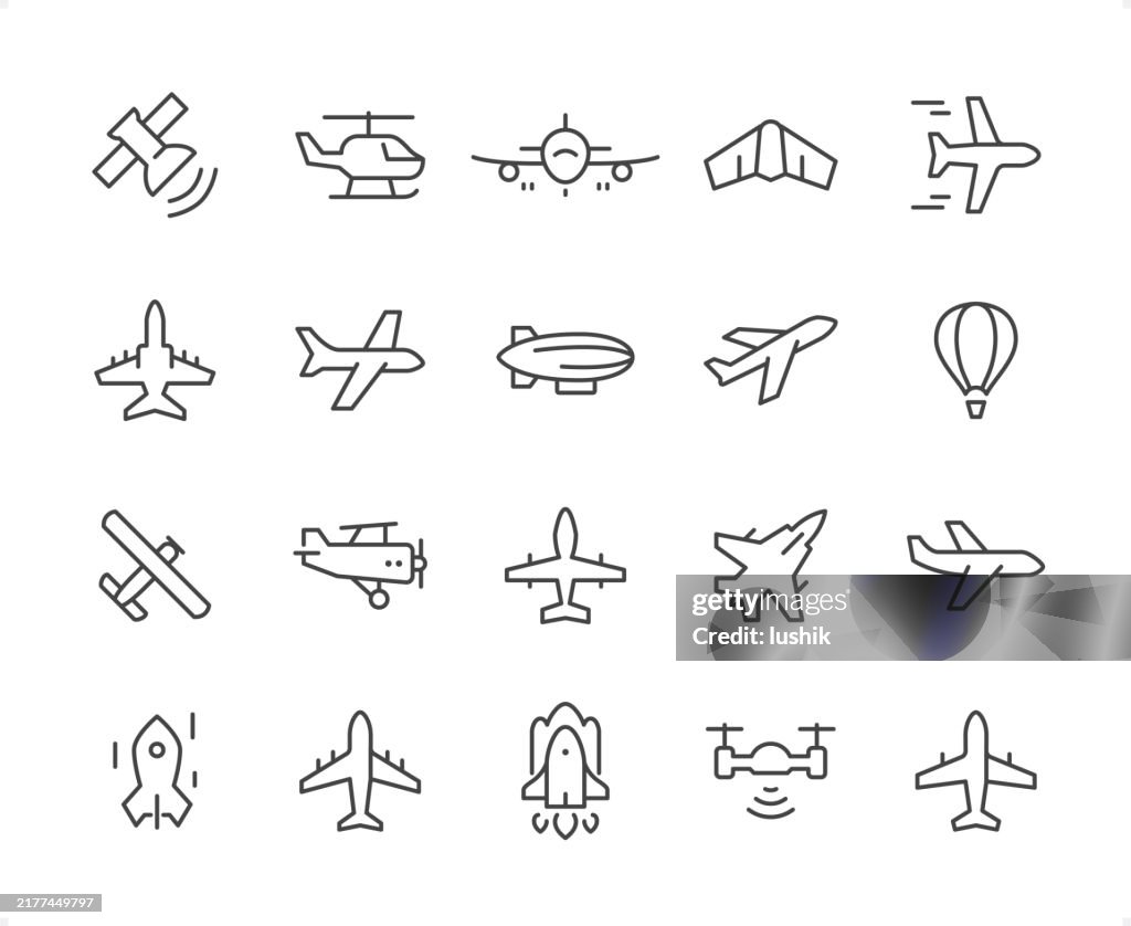 Aerospace industry icon set. Editable stroke weight. Pixel perfect icons.