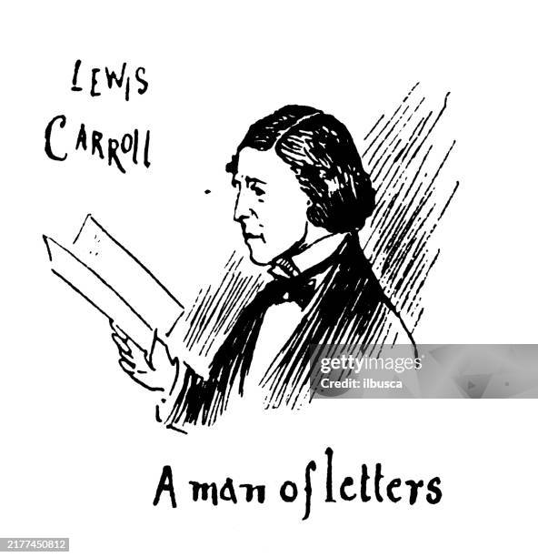 antique image: satire comic cartoon, lewis carroll - man reading comic book stock illustrations