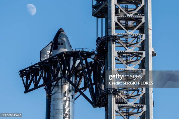 The SpaceX Starship sits on a launch pad at Starbase near Boca Chica, Texas, on October 12 ahead of the Starship Flight 5 test. The test will involve...