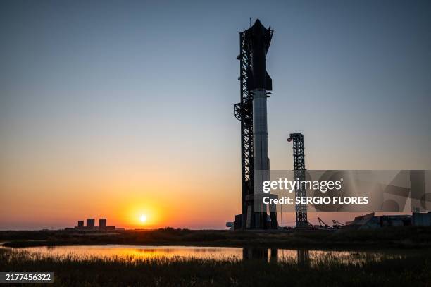 The SpaceX Starship sits on a launch pad at Starbase near Boca Chica, Texas, on October 12 ahead of the Starship Flight 5 test. The test will involve...