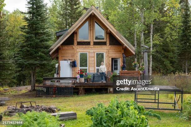 vista in lontananza della donna sul portico della cabina - casetta di campagna foto e immagini stock