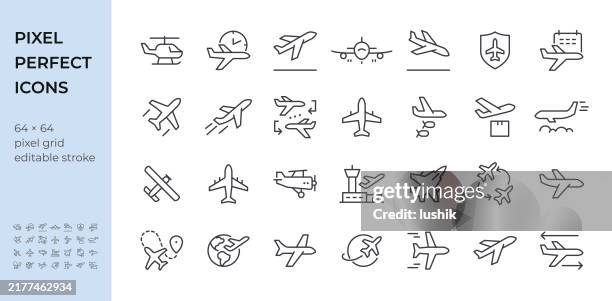 airplane icon set. editable stroke weight. pixel perfect icons. - air cargo icon stock illustrations