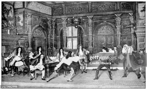 antikes bild: theaterstücke, "eine dame von qualität" - musketier stock-grafiken, -clipart, -cartoons und -symbole