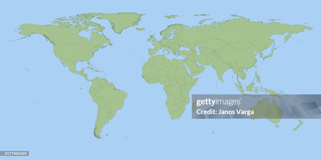 Green world map with country borders on light blue background