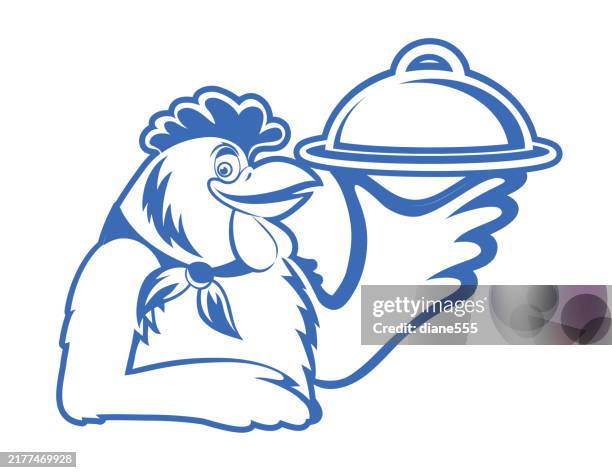 chicken dinner. rooster mascot with serving tray isolated on a transparent background - chef logo stock illustrations