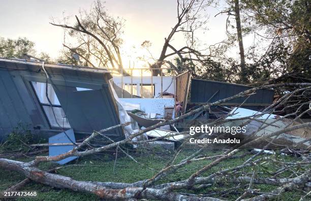Mobile home destroyed by a tornado associated with Hurricane Milton is seen on October 12, 2024 in the Lakewood Park community of Fort Pierce,...