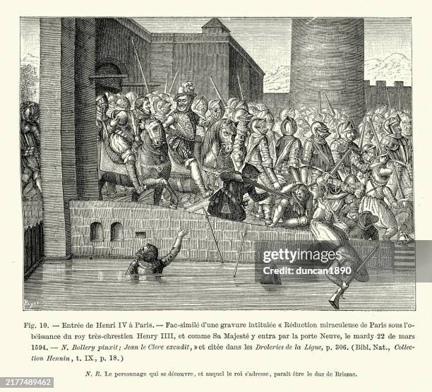 illustrations, cliparts, dessins animés et icônes de entrée du roi henri iv à paris, soldats, hommes tombant dans la rivière, histoire de france du xvie siècle, illustration vintage - chevalier