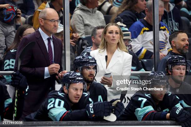 Head coach Dan Bylsma and assistant coach Jessica Campbell of the Seattle Kraken look on during the first period against the St. Louis Blues at...