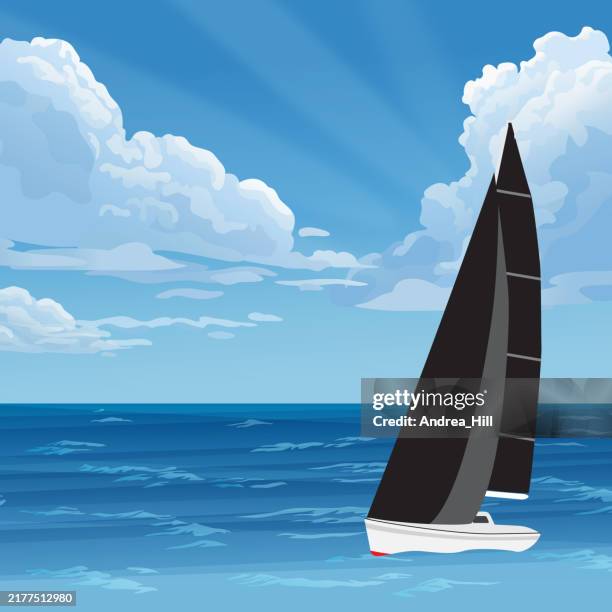 vintage vector illustration of a sailboat on the sea - old sailing ship clip art stock illustrations