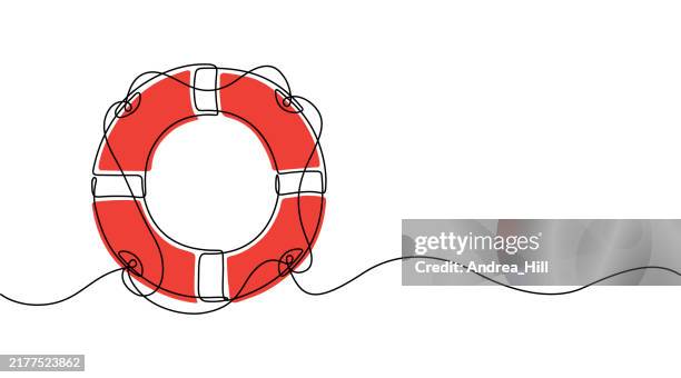 life ring, buoy continuous line drawing with editable stroke and color elements - life jacket drawing stock illustrations
