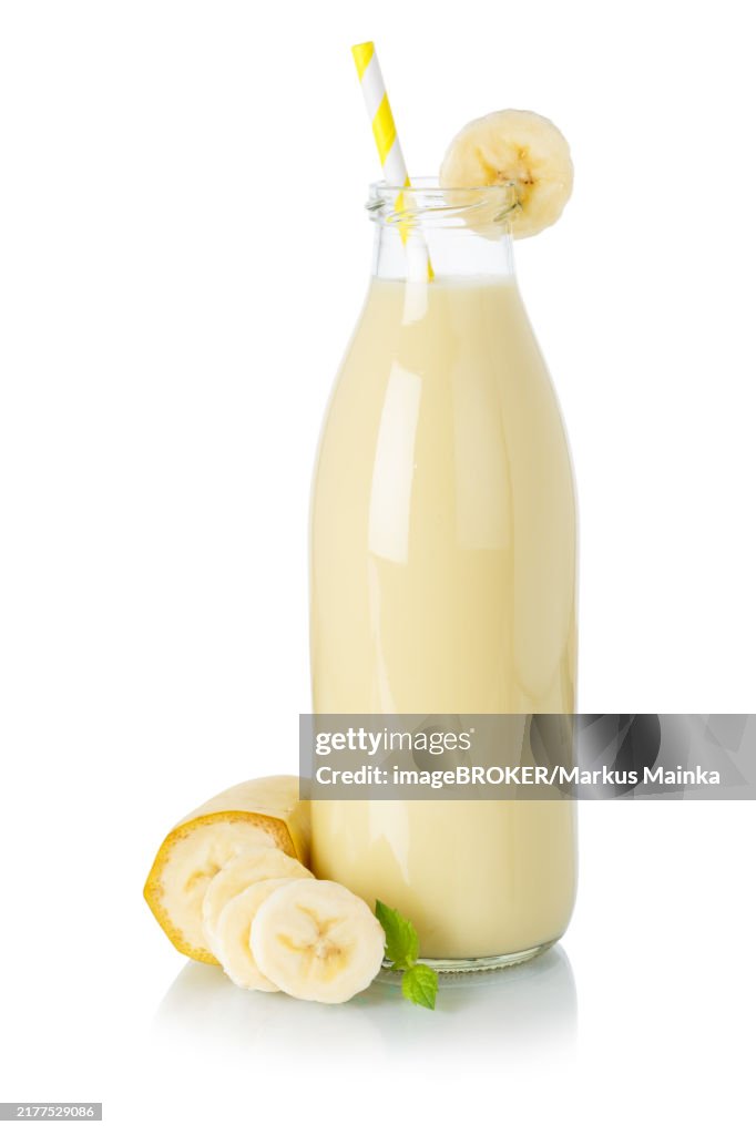 Banana Smoothie Fruit Juice Drink Juice Milkshake Glass Bottle isolated against a white background