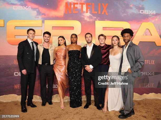 Drew Starkey, Chase Stokes, Madison Bailey, Carlacia Grant, Austin North, Rudy Pankow, Madelyn Cline, and Jonathan Daviss attend the Outer Banks...
